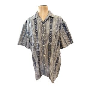 American Eagle Mens Navy Cream Geometric Stripe Short Sleeve Button Down Shirt M